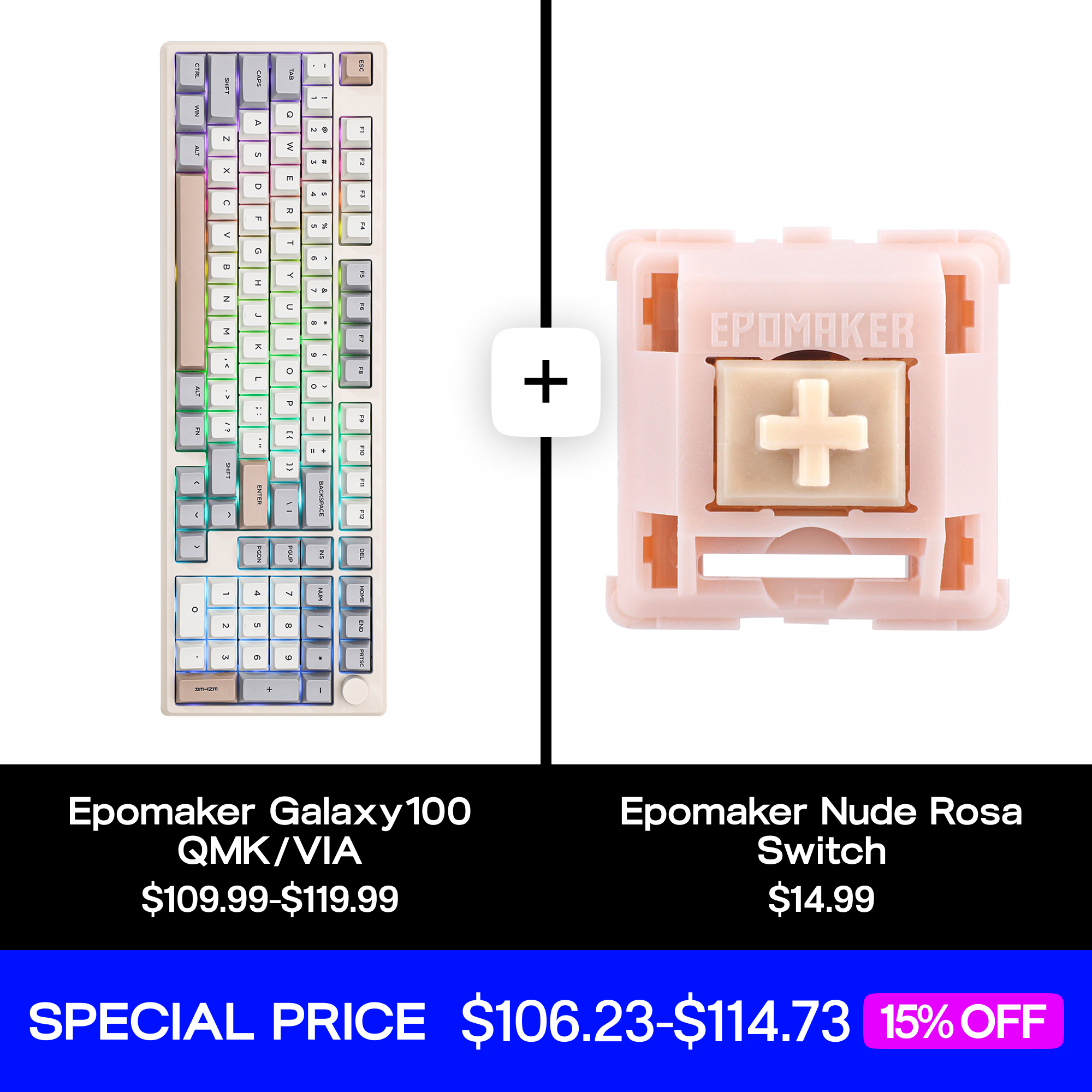 Epomaker Galaxy100 QMA/VIA + Nude Rosa Silent Switch Set Bundle