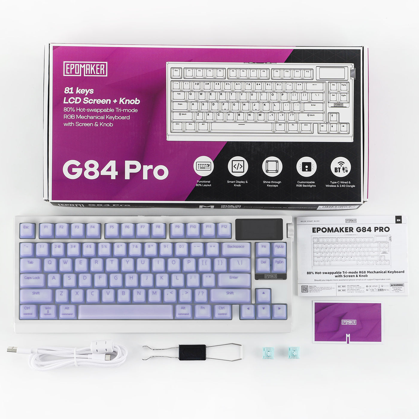 EPOMAKER G84 PRO lavender unboxing layout with keyboard, cable, keycap puller, and accessories