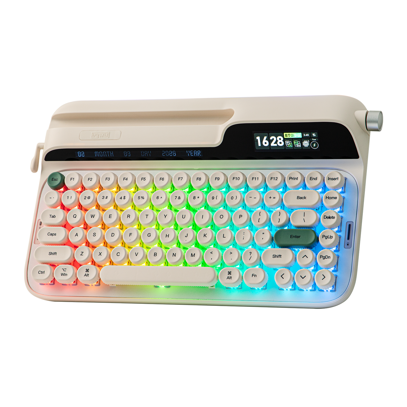 EPOMAKER Glyph Cream 75% retro typewriter keyboard with rainbow RGB lighting and dual screens, top-down view