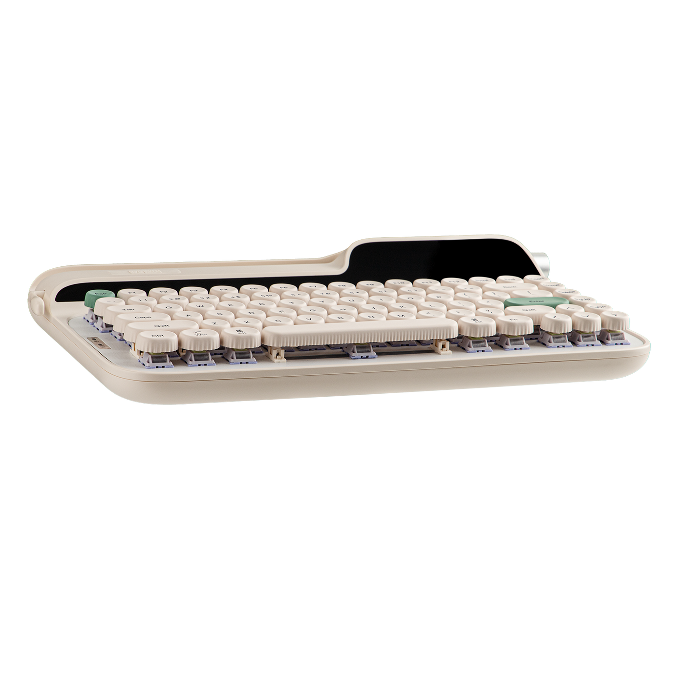 EPOMAKER Glyph low-angle view showing typewriter chassis and round keycaps
