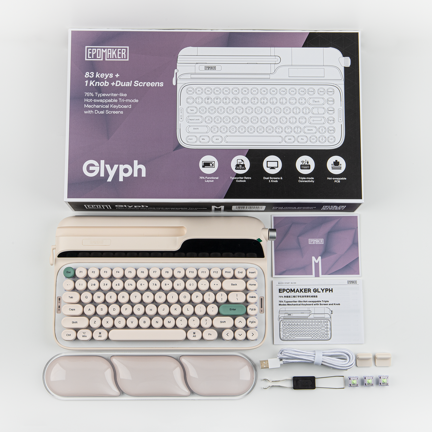 EPOMAKER Glyph retail box with keyboard, wrist rest, manual, USB-C cable, and switches
