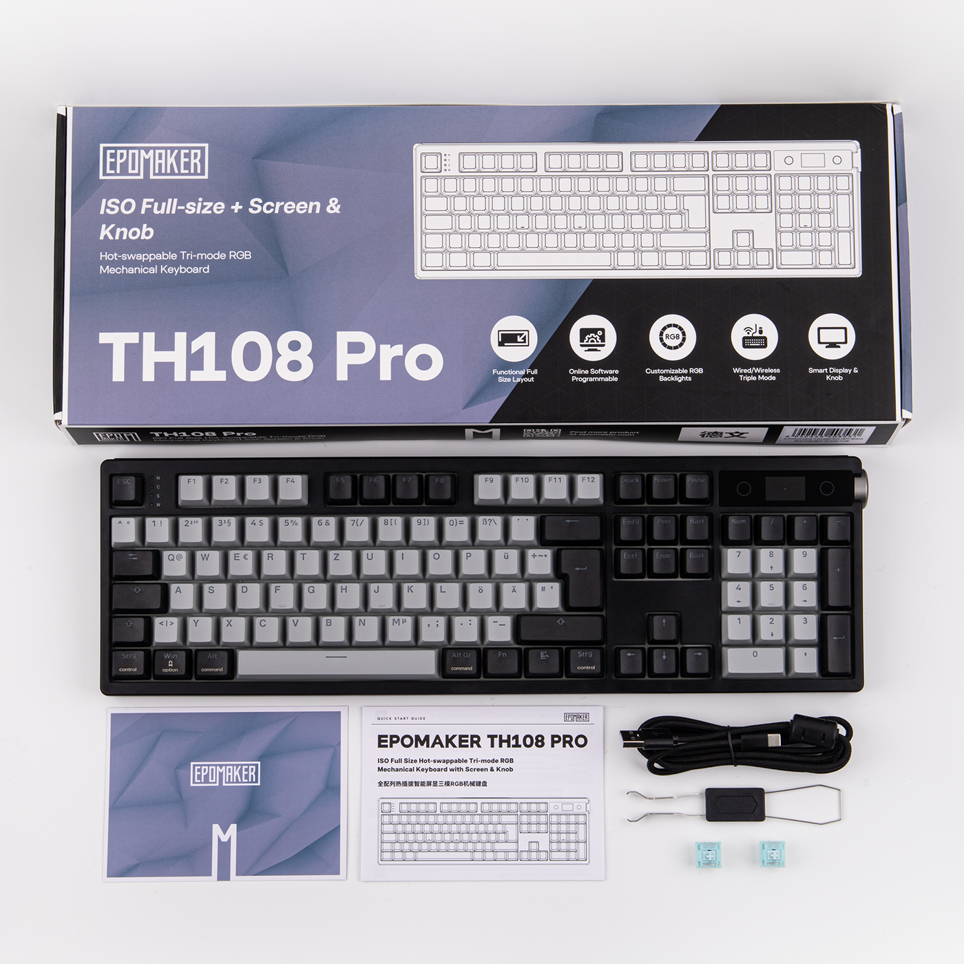 EPOMAKER TH108 PRO Black retail box with keyboard, manual, cable, switches, and keycap puller