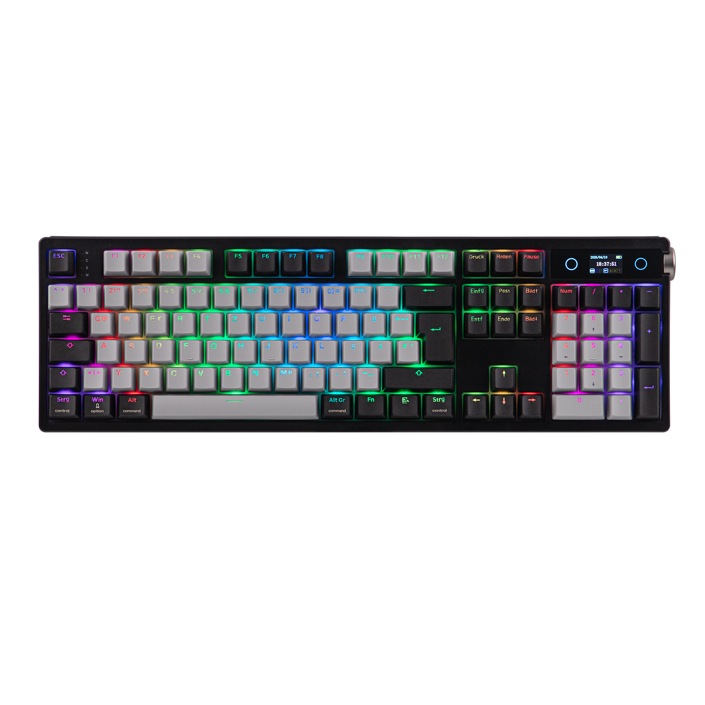 EPOMAKER TH108 PRO Black 100% with rainbow RGB and TFT display, top-down view