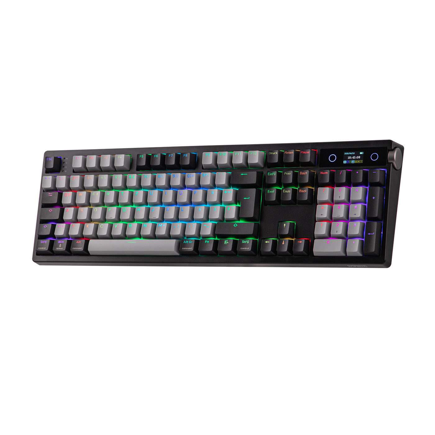 EPOMAKER TH108 PRO Black angled view with RGB lighting and TFT display visible