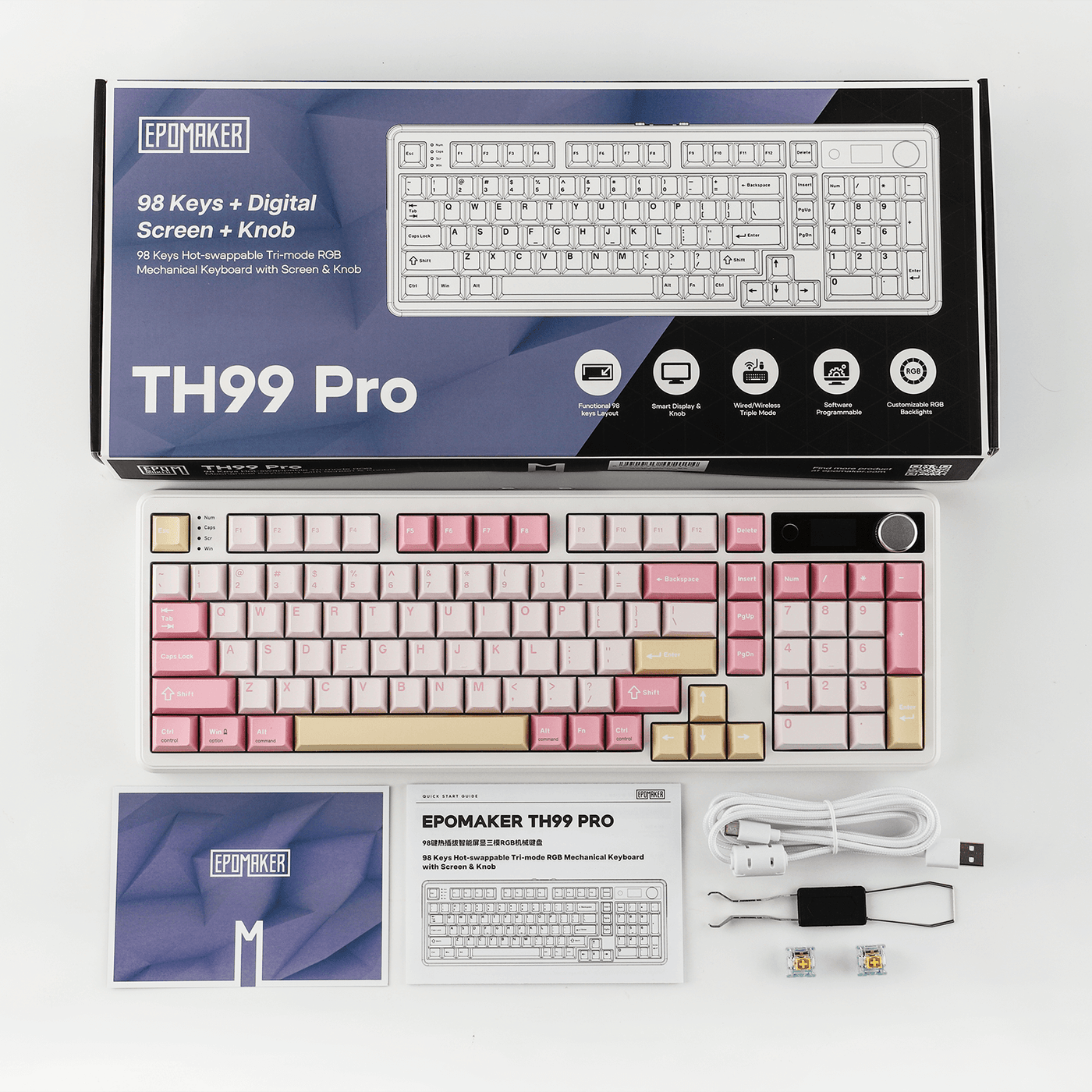 EPOMAKER TH99 PRO Pink retail box with keyboard, manual, cable, and switch samples