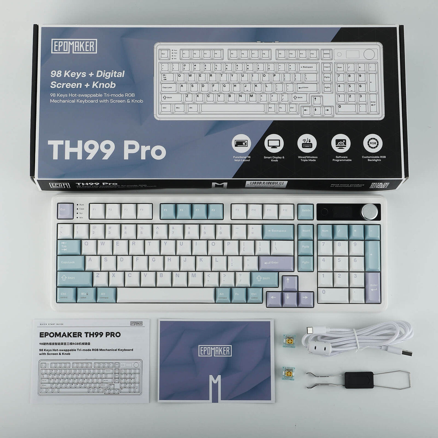 EPOMAKER TH99 PRO White Blue retail box with keyboard, manual, cable, and keycap puller