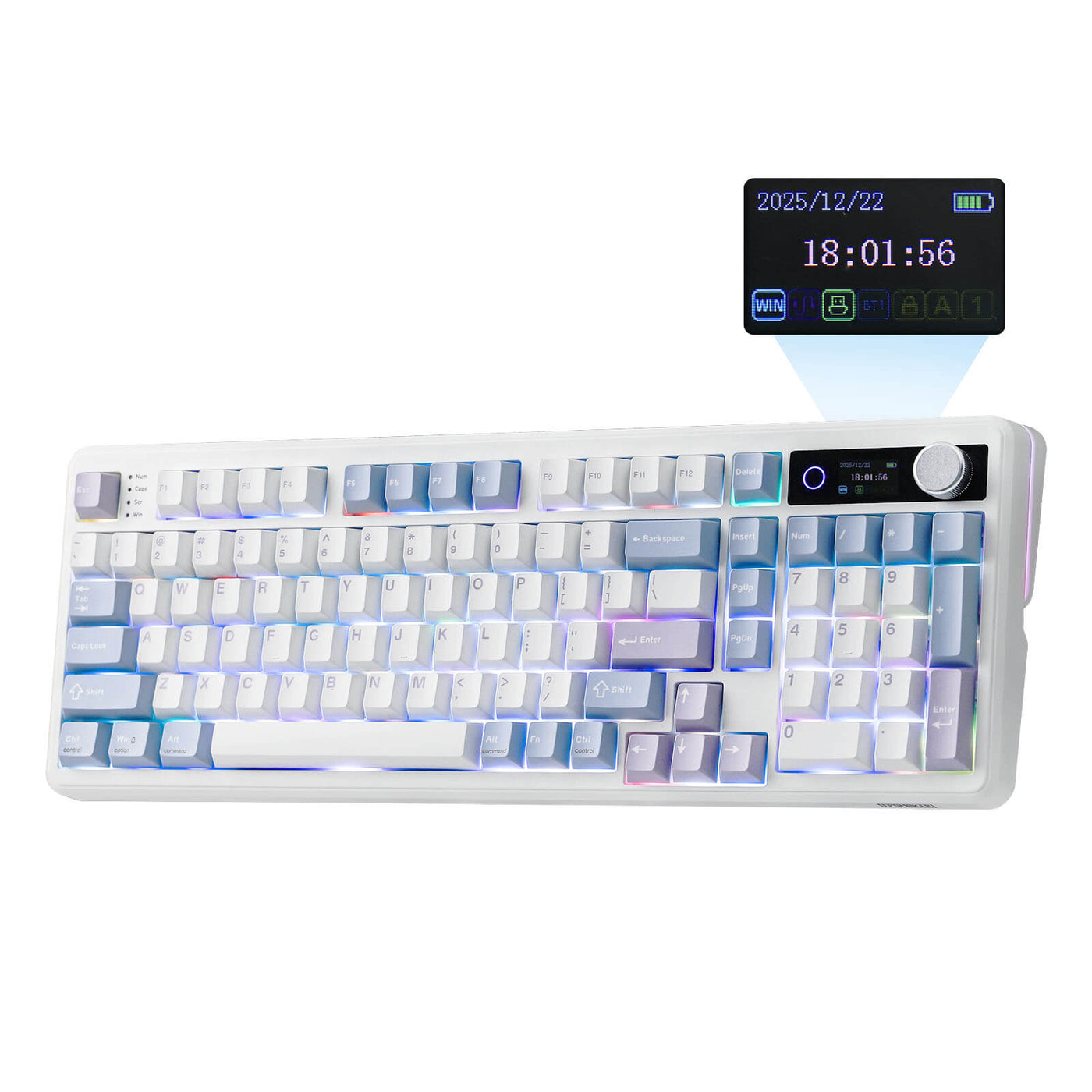 EPOMAKER TH99 PRO close-up of TFT screen, rotary knob, and RGB-lit keycaps