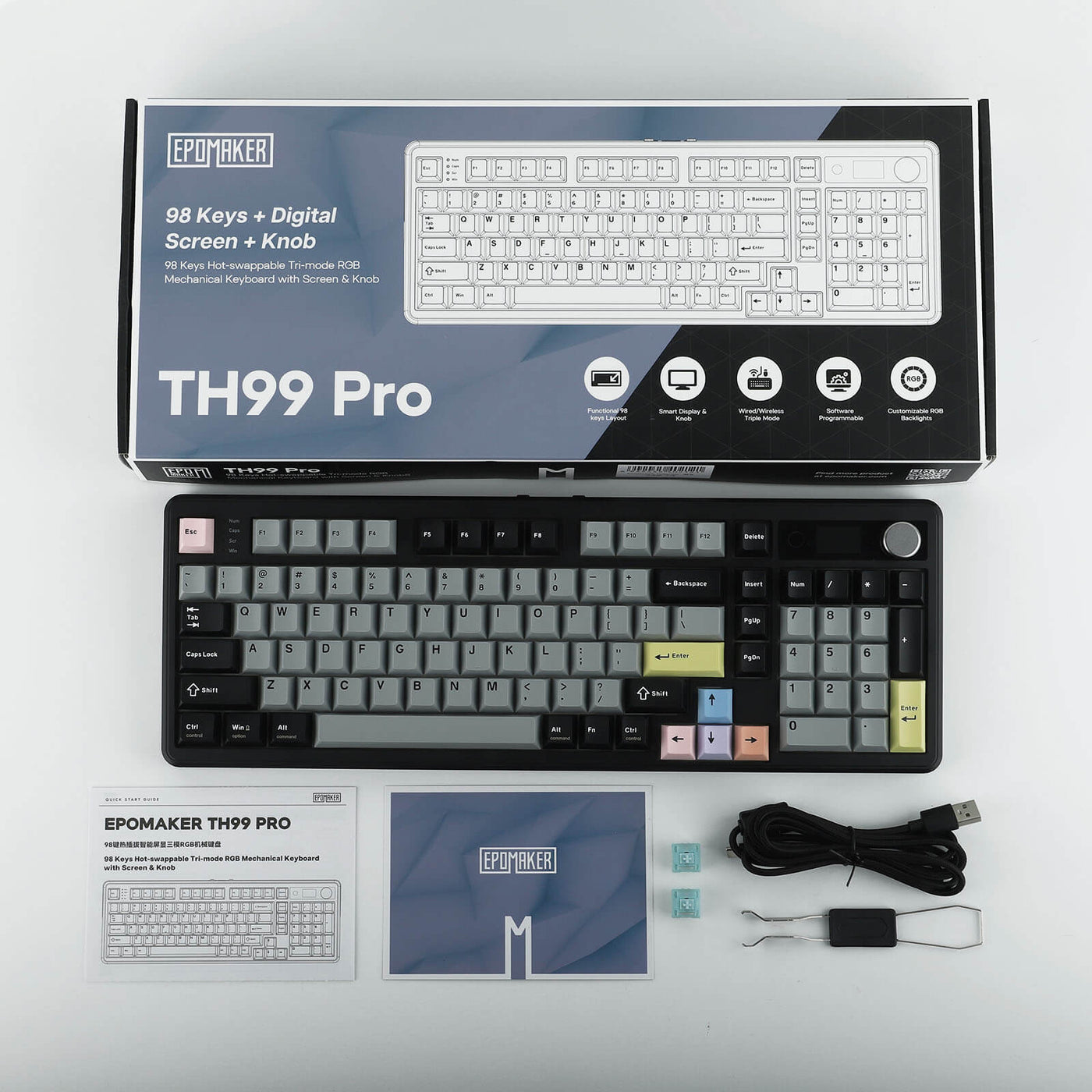 EPOMAKER TH99 PRO Black Grey retail box with keyboard, manual, cable, and keycap puller