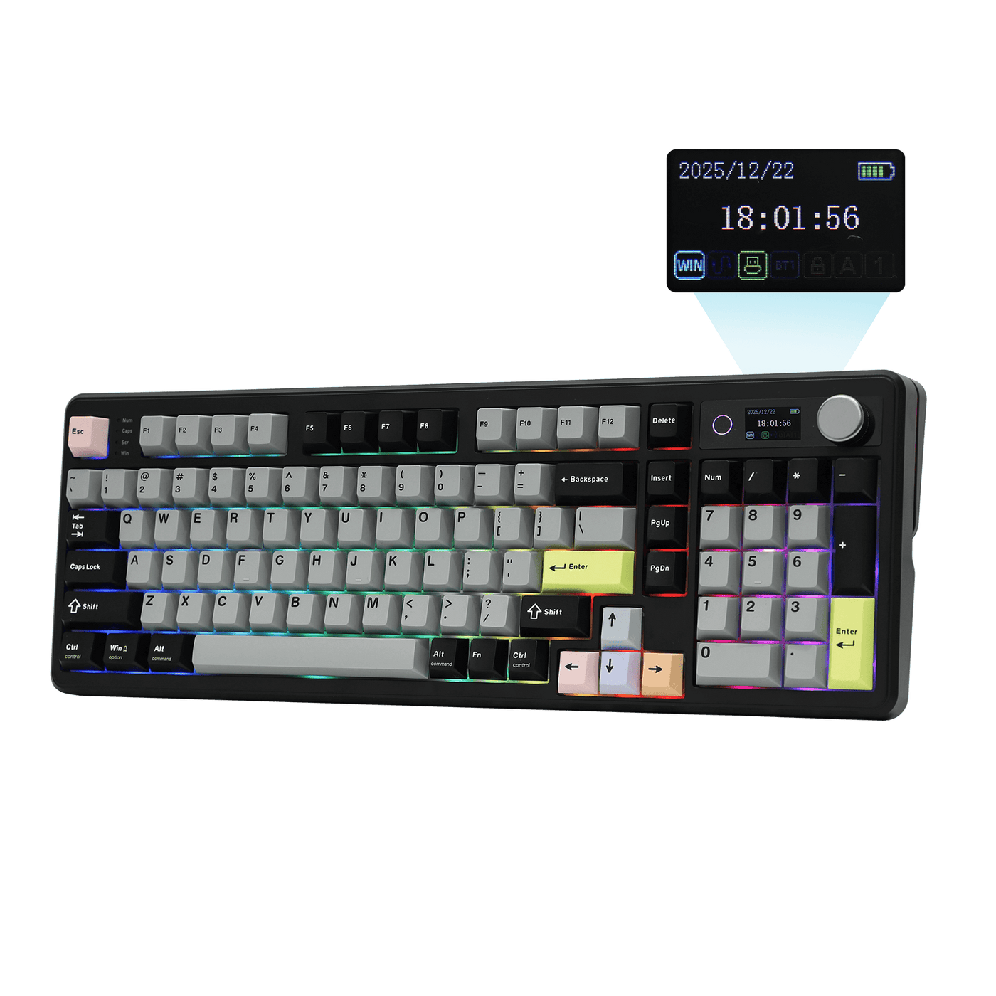 EPOMAKER TH99 PRO Black Grey with TFT display callout showing date and time