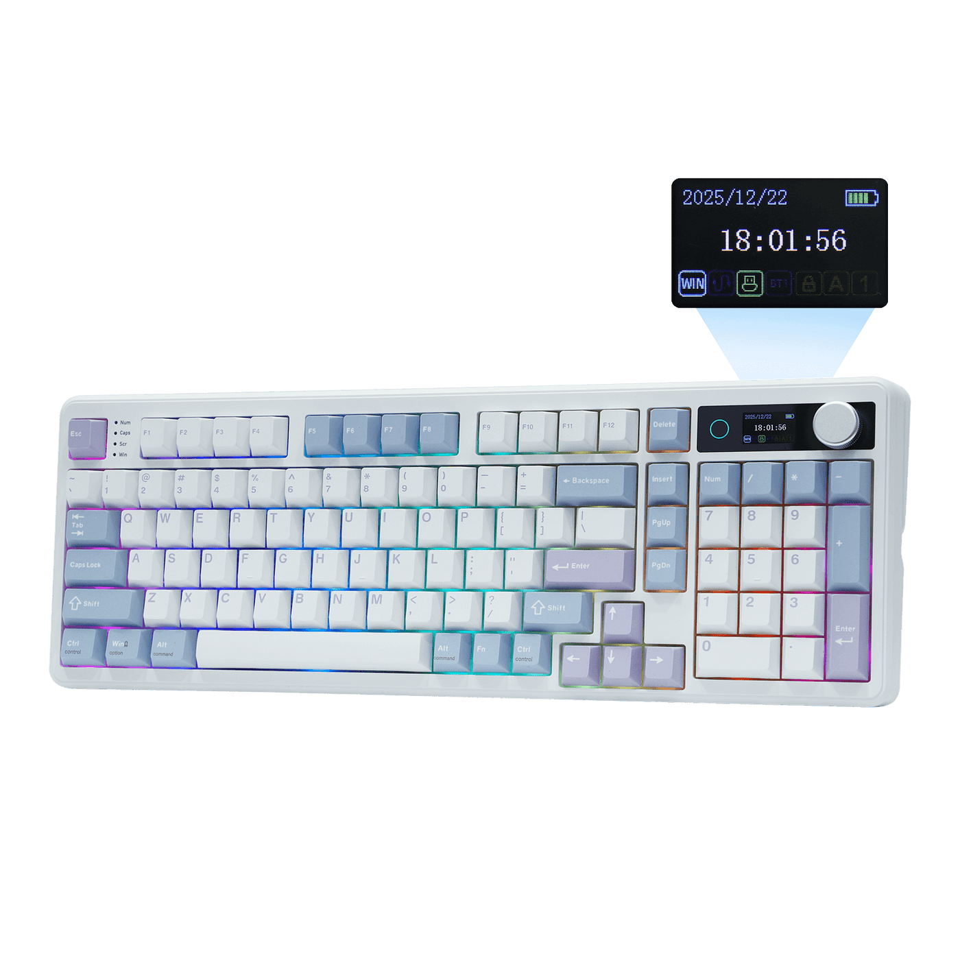 EPOMAKER TH99 PRO White Blue with TFT display callout showing date and time
