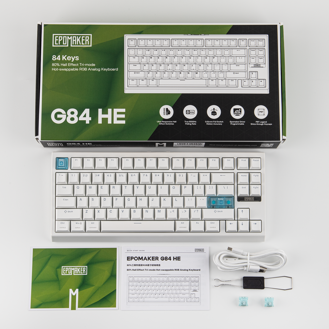 EPOMAKER G84 HE White retail box with keyboard, manual, USB-C cable, and switches