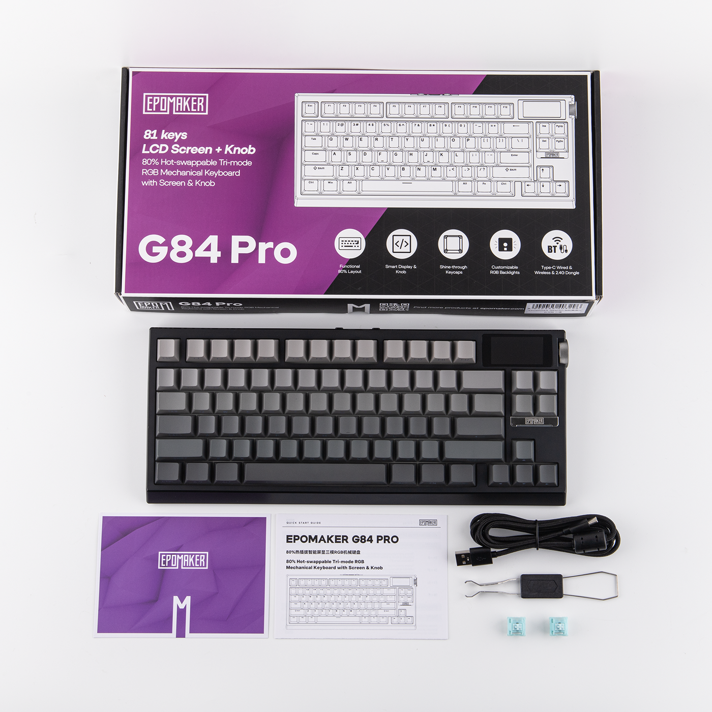 EPOMAKER G84 PRO black unboxing layout with keyboard, cable, and accessories