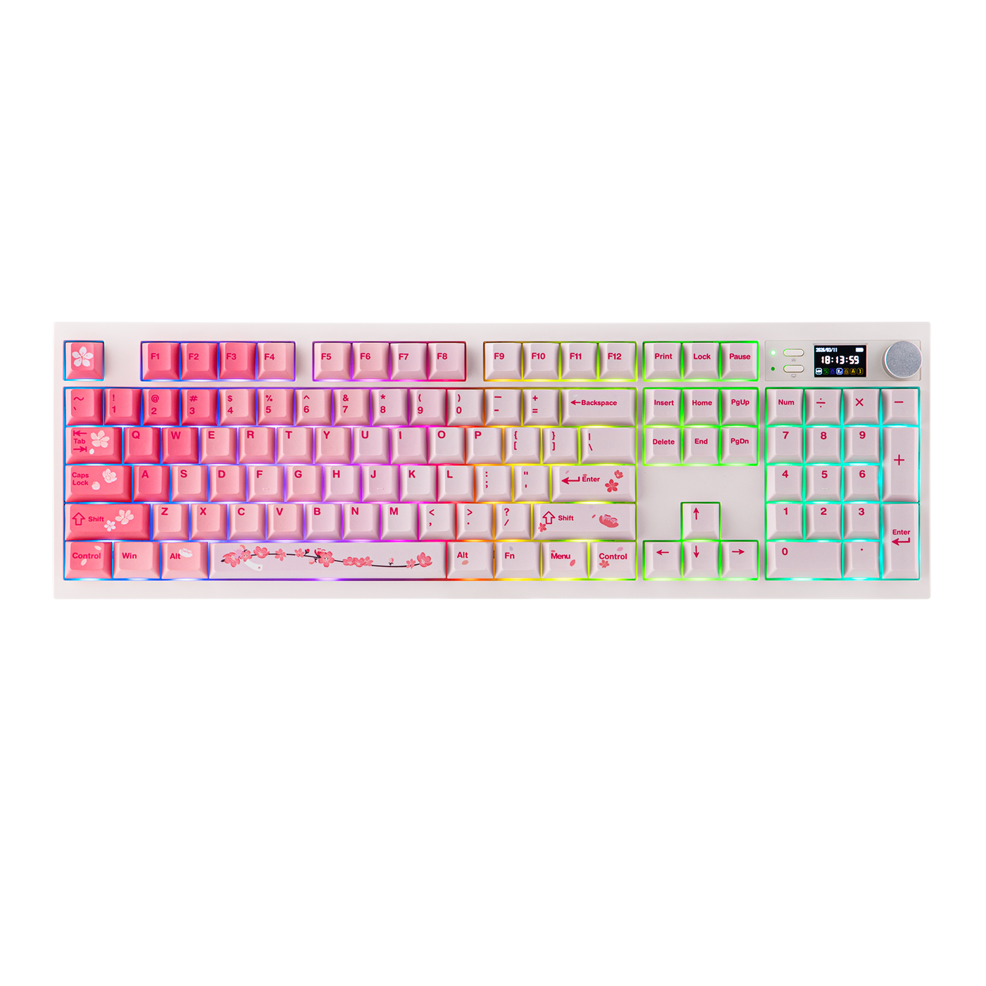 EPOMAKER QK108 Pink Sakura with rainbow RGB and TFT display, top-down view