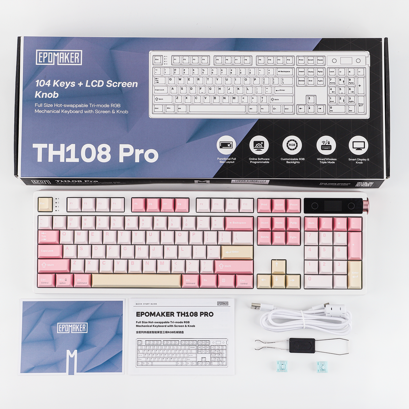 EPOMAKER TH108 PRO Pink retail box with keyboard, manual, cable, and switch samples