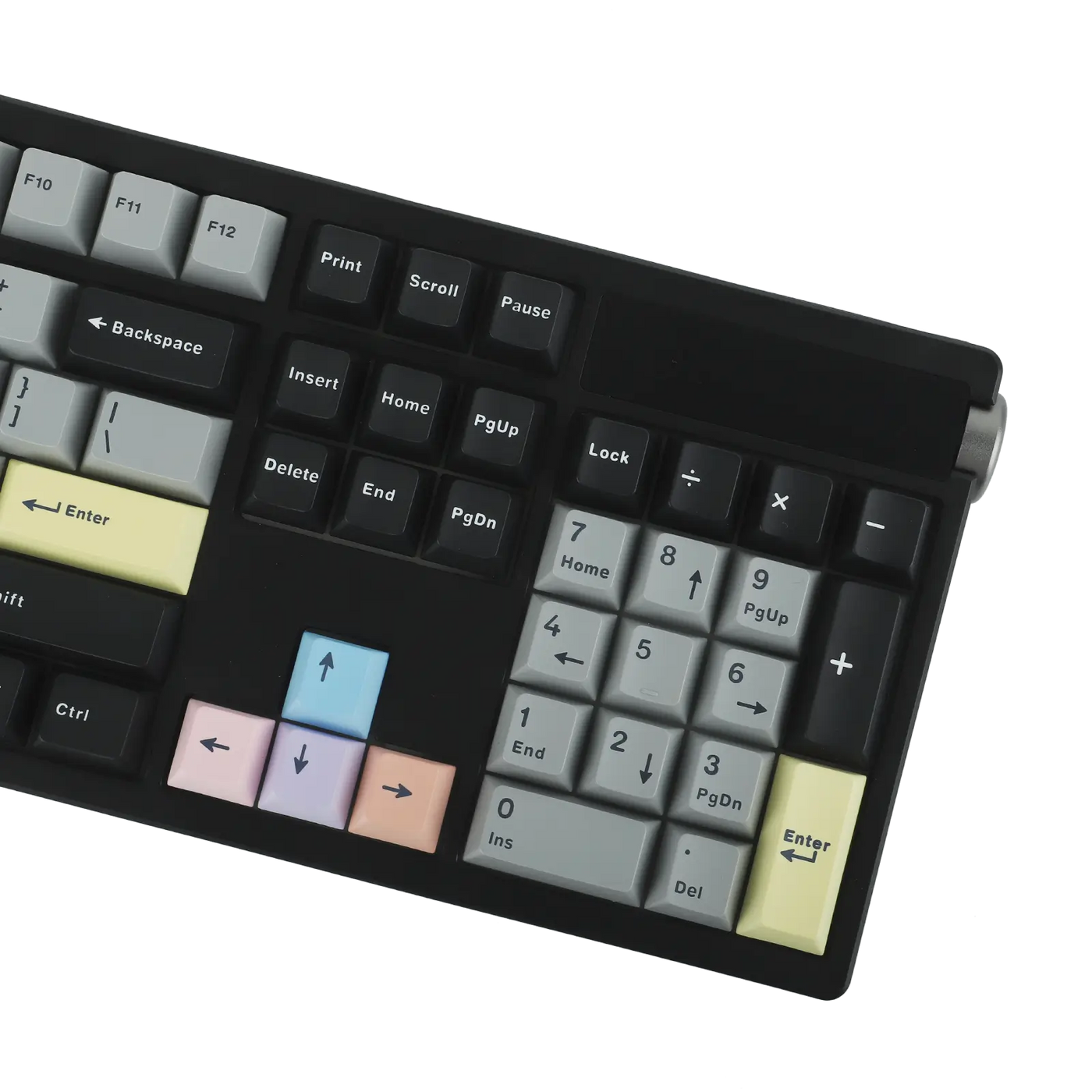 EPOMAKER TH108 PRO Black Grey close-up of numpad and arrow cluster with pastel accent keys
