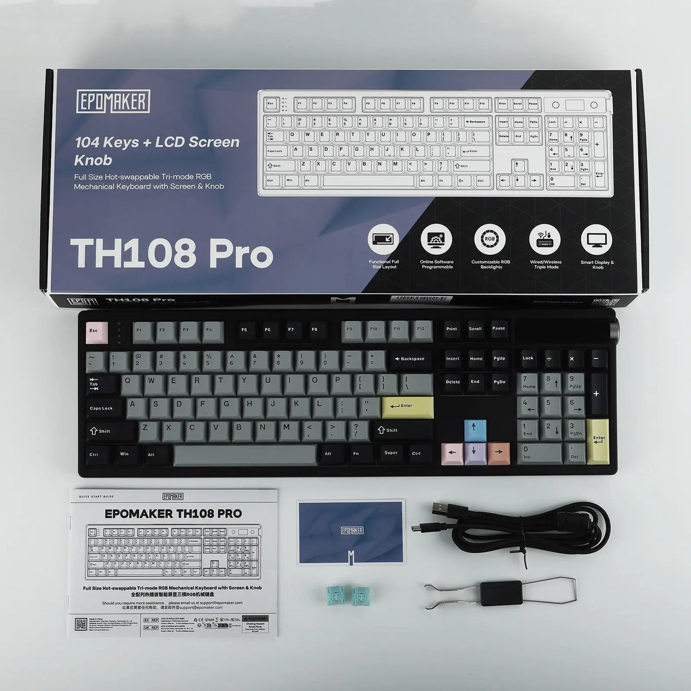 EPOMAKER TH108 PRO Black retail box with keyboard, manual, cable, switches, and keycap puller