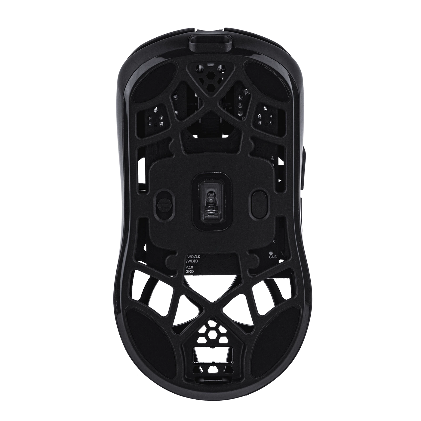 EPOMAKER CarbonX Mouse Black underside view showing sensor and weight-reduction cutouts