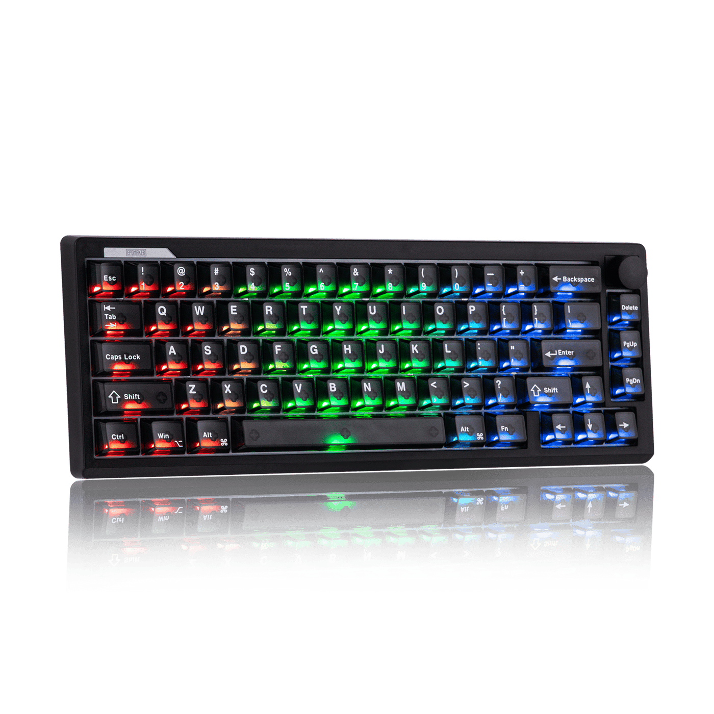 EPOMAKER HE65 V2 TMR black shell angled view with RGB reflection on surface