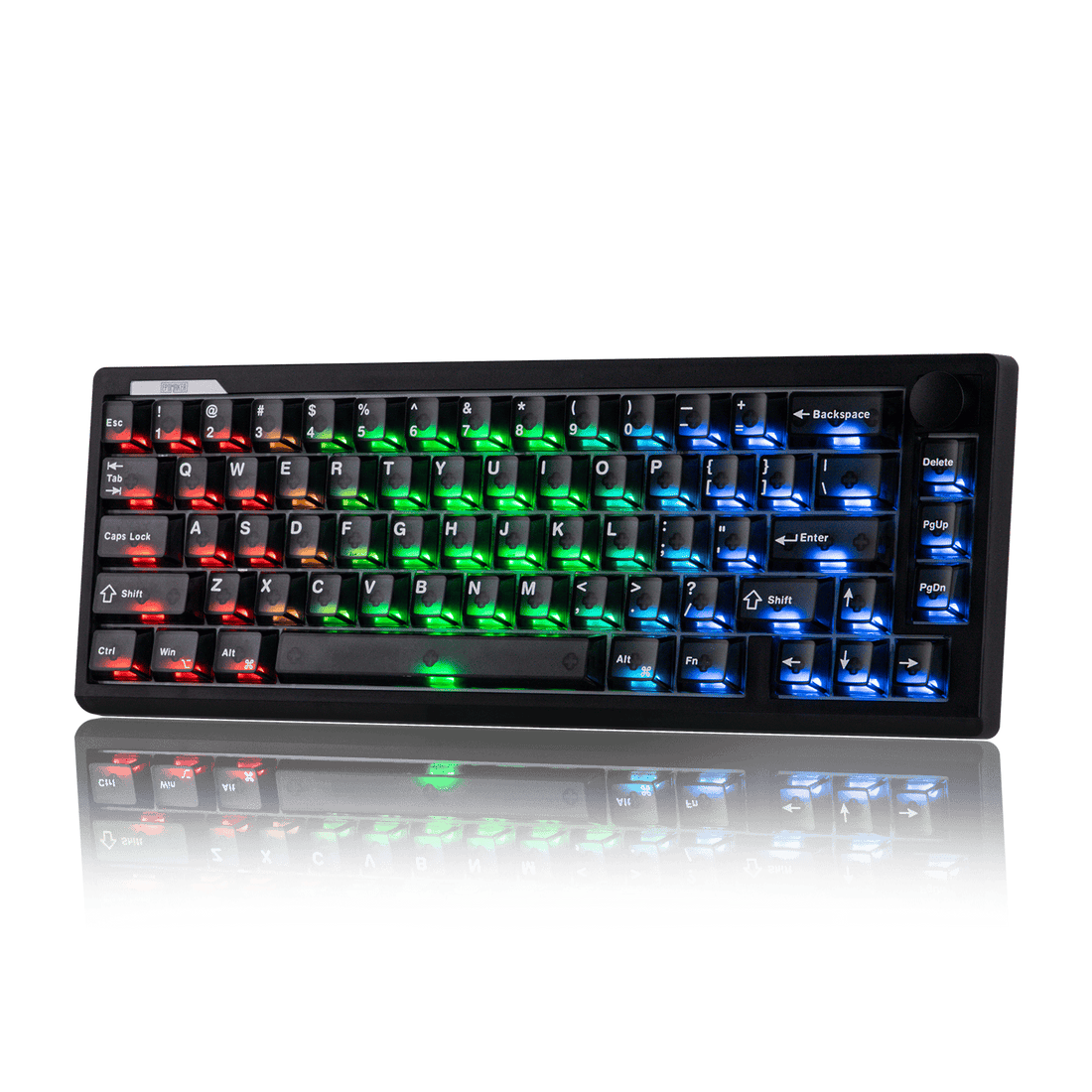 EPOMAKER HE65 V2 TMR black shell with floor mirror reflection of RGB backlight