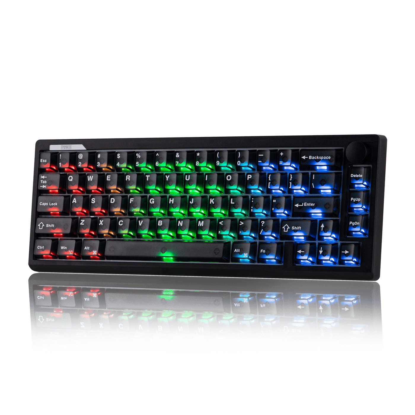 EPOMAKER HE65 V2 TMR black shell with floor mirror reflection of RGB backlight