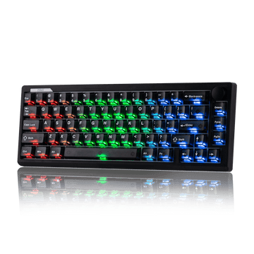 EPOMAKER HE65 V2 TMR black shell with floor mirror reflection of RGB backlight