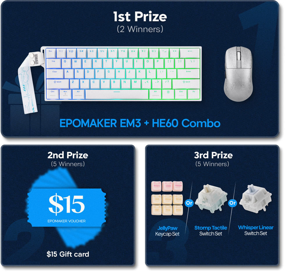 First prize · 2 winners: EPOMAKER EM3 + HE60 Combo. Second prize · 5 winners: $15 EPOMAKER Voucher. Third prize · 5 winners: Keycaps or switches
