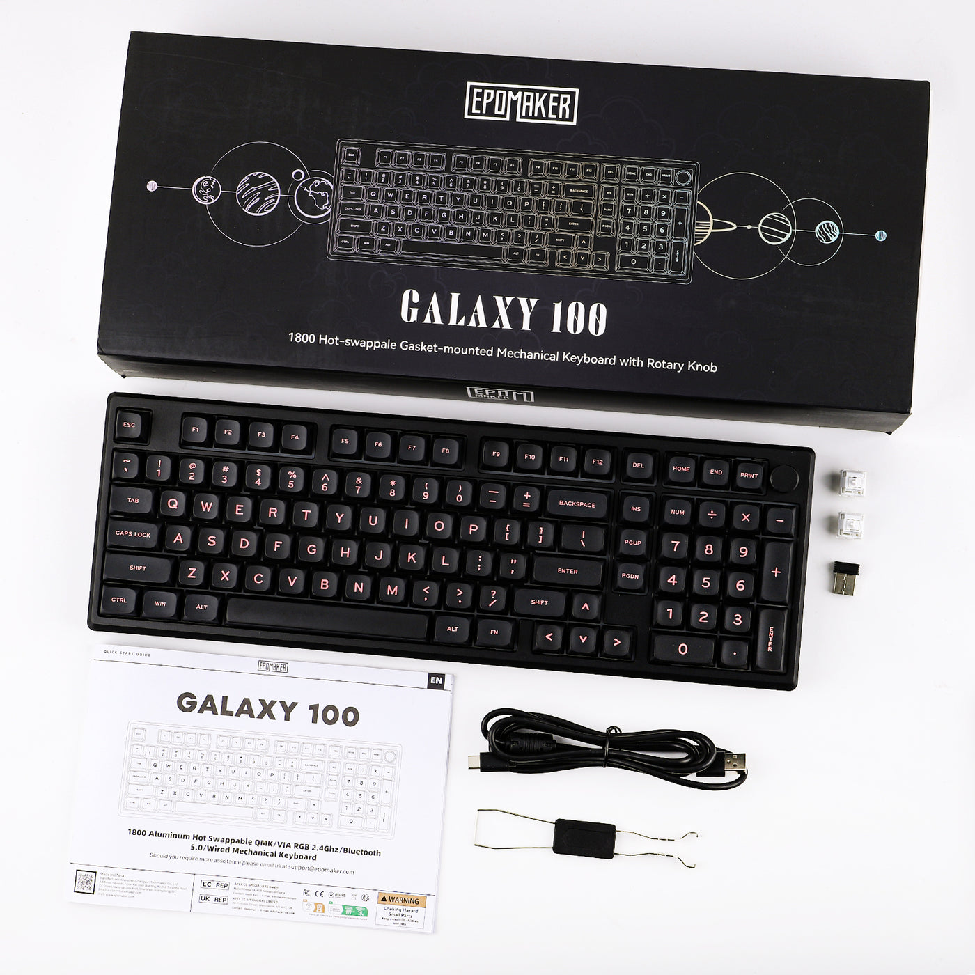 EPOMAKER Galaxy100 QMK/VIA Black retail box with keyboard, manual, USB-C cable, switches, and 2.4G dongle